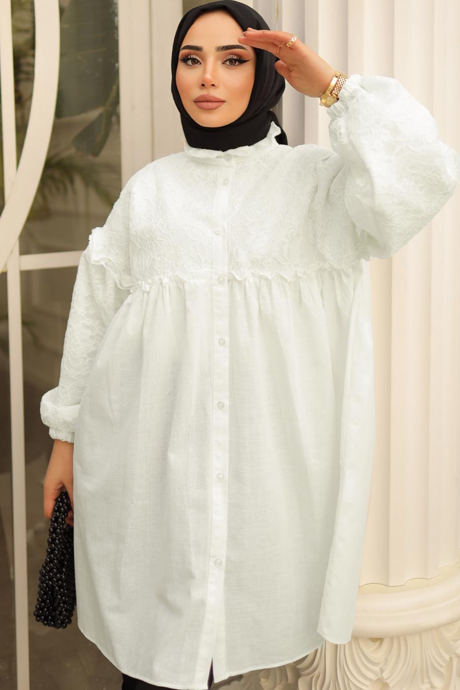Tesettür giyim BEYAZ DANTEL DETAYLI GÖMLEK TUNİK T 6402