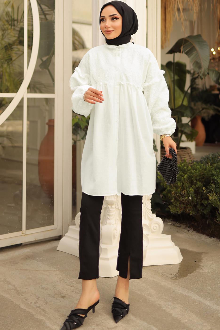Tesettür giyim BEYAZ DANTEL DETAYLI GÖMLEK TUNİK T 6402