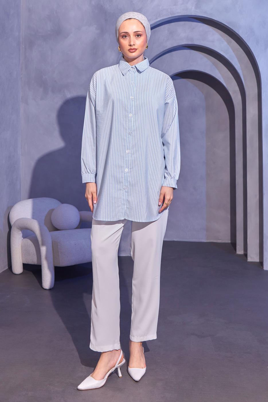 Tesettür giyim MAVİ ÇİZGİLİ GÖMLEK TUNİK T 6414