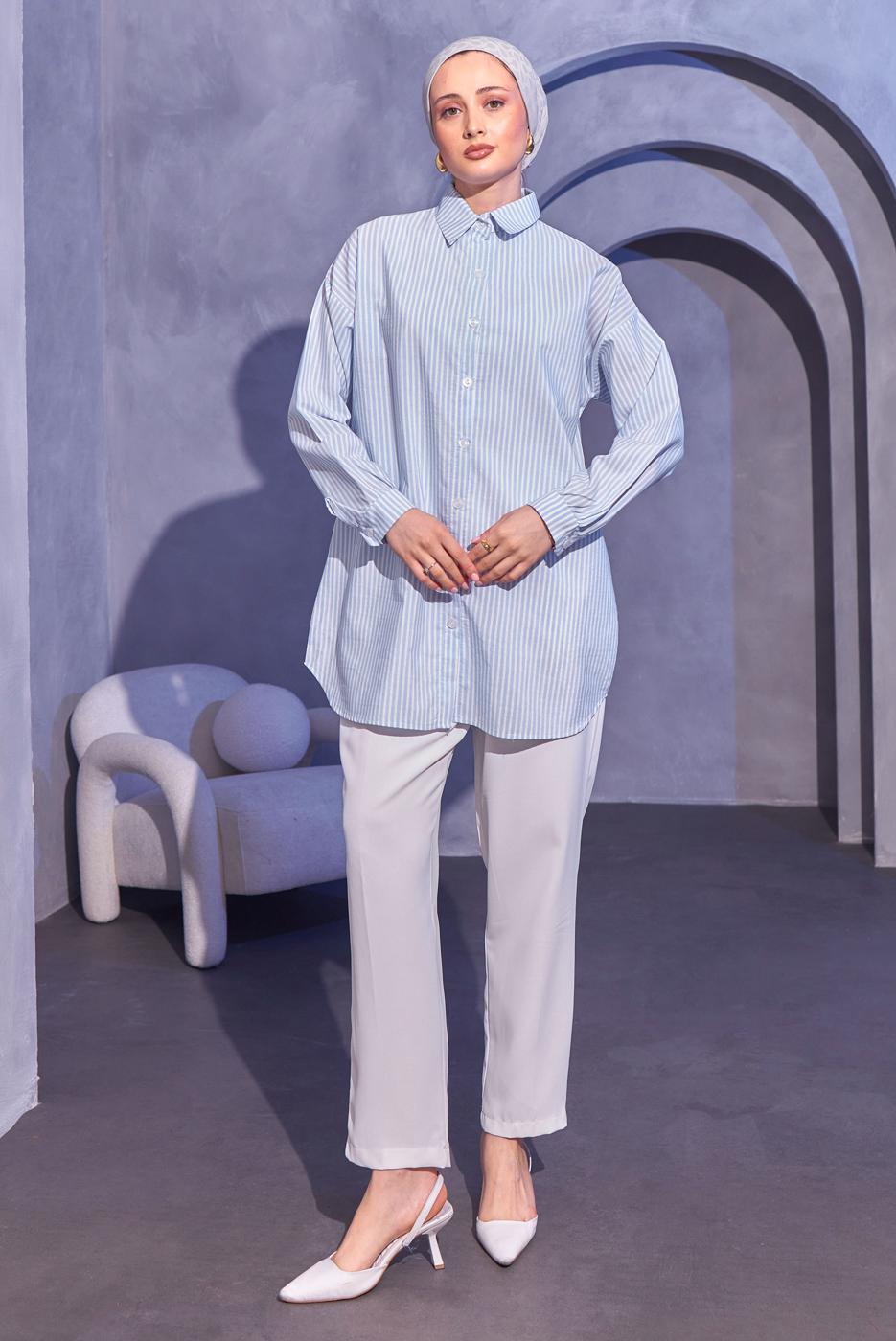 Tesettür giyim MAVİ ÇİZGİLİ GÖMLEK TUNİK T 6414