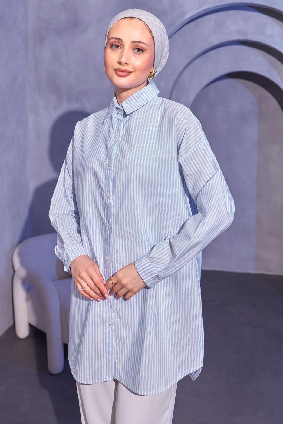 Tesettür giyim MAVİ ÇİZGİLİ GÖMLEK TUNİK T 6414