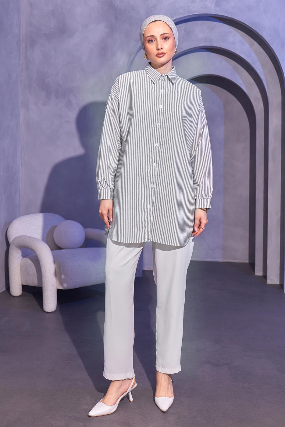 Tesettür giyim GRİ ÇİZGİLİ GÖMLEK TUNİK T 6414