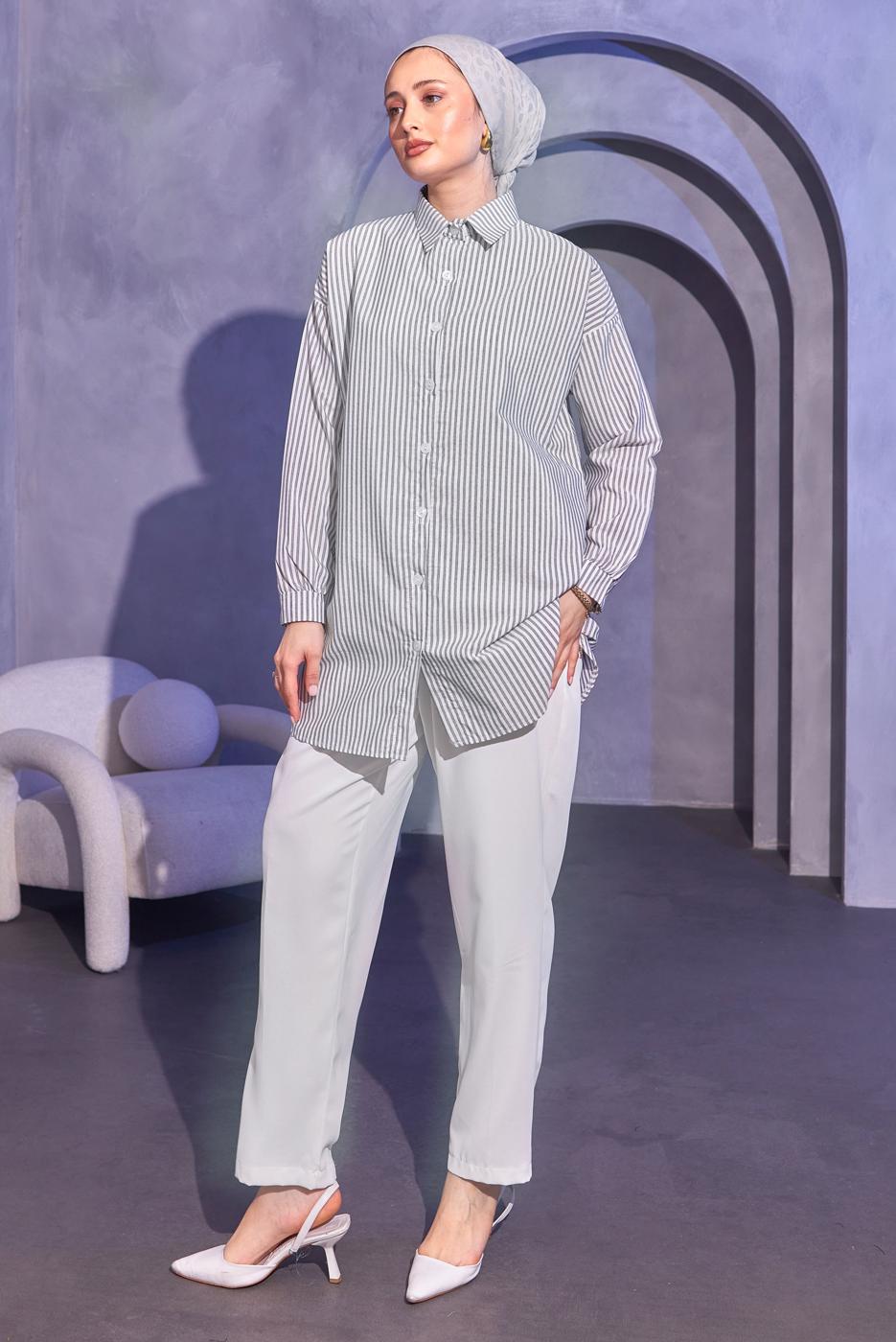 Tesettür giyim GRİ ÇİZGİLİ GÖMLEK TUNİK T 6414