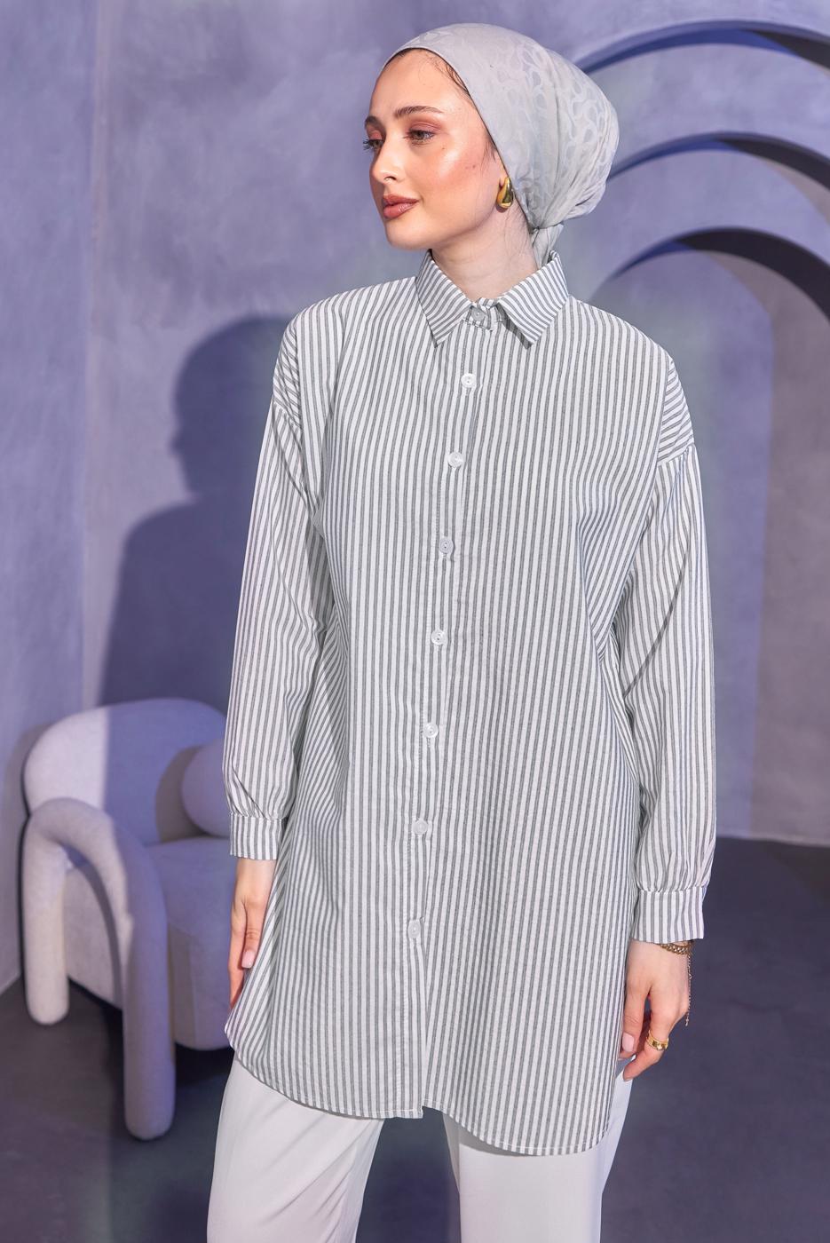 Tesettür giyim GRİ ÇİZGİLİ GÖMLEK TUNİK T 6414