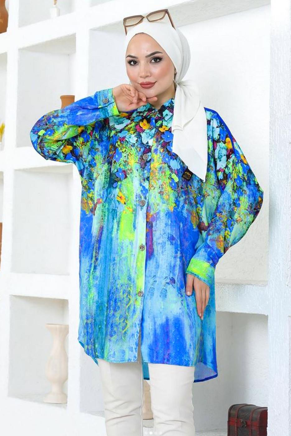 Tesettür giyim LACİVERT DESENLİ PAMUKLU TUNİK T 6642