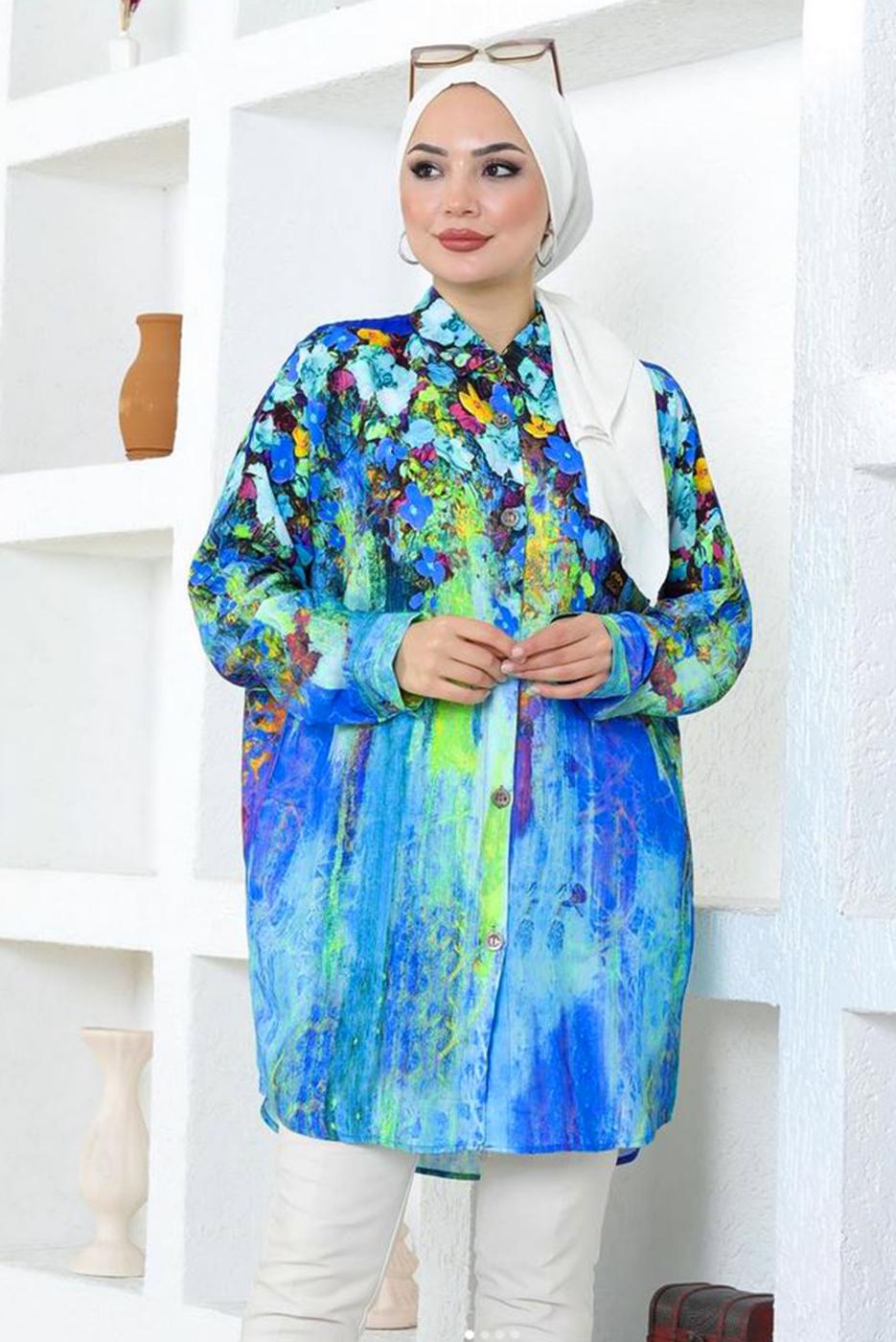 Tesettür giyim LACİVERT DESENLİ PAMUKLU TUNİK T 6642