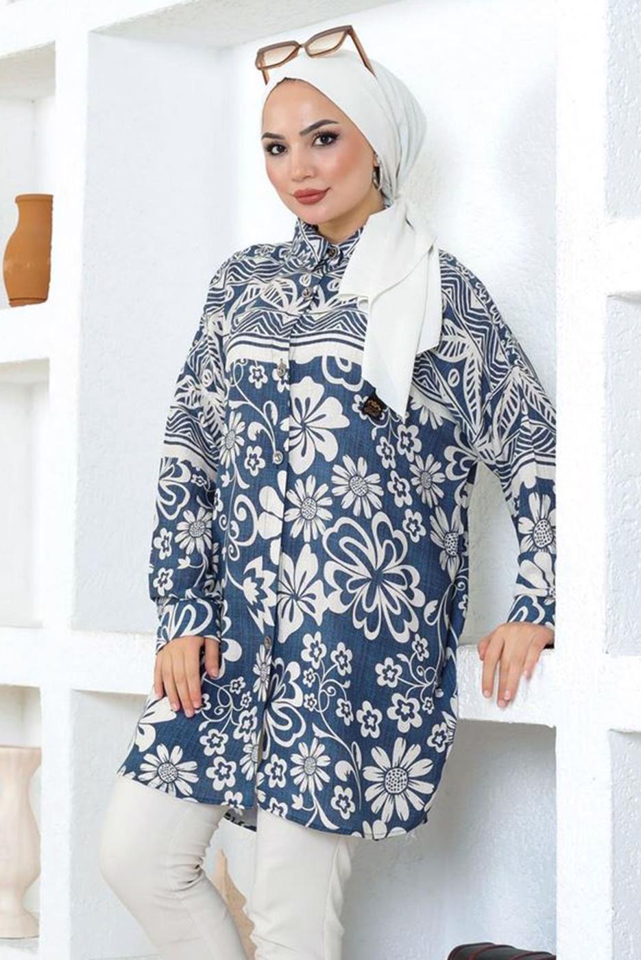 Tesettür giyim LACİVERT DESENLİ PAMUKLU TUNİK T 6644