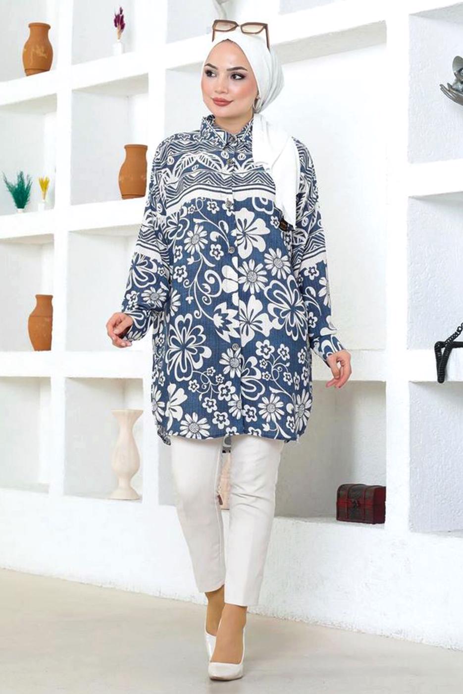 Tesettür giyim LACİVERT DESENLİ PAMUKLU TUNİK T 6644