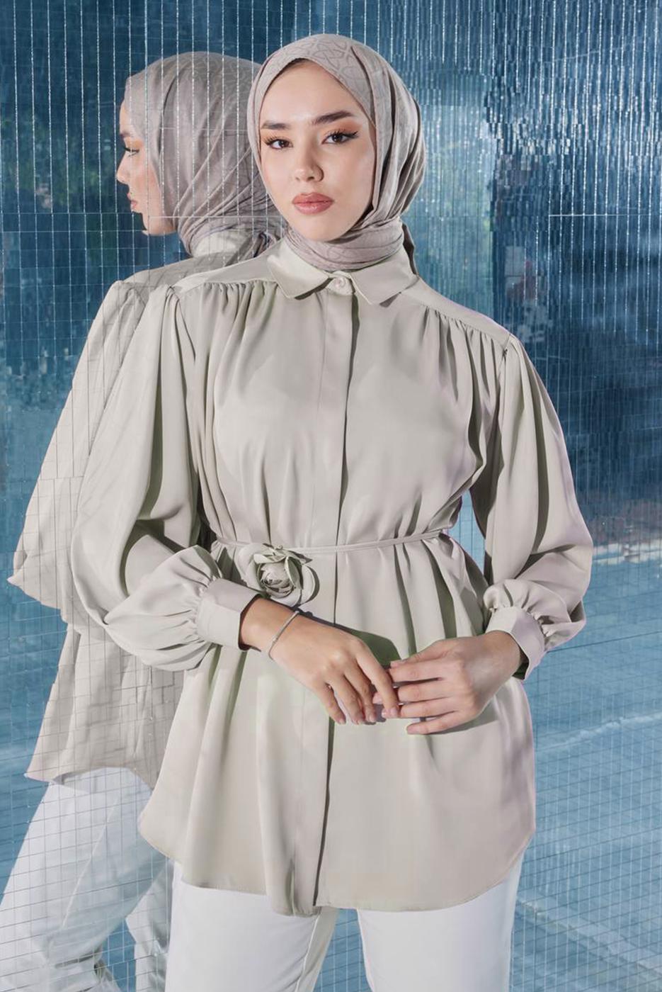 Tesettür giyim BEJ BROŞ DETAYLI TUNİK T 70042