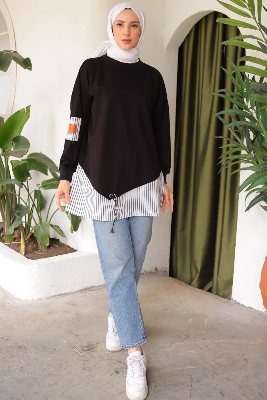 Tesettür giyim SİYAH ÇİZGİLİ TUNİK T 7114