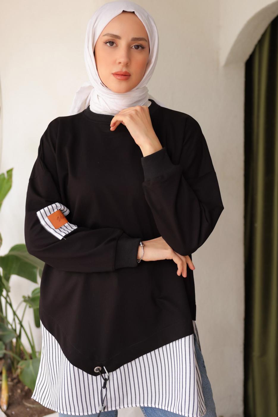 Tesettür giyim SİYAH ÇİZGİLİ TUNİK T 7114