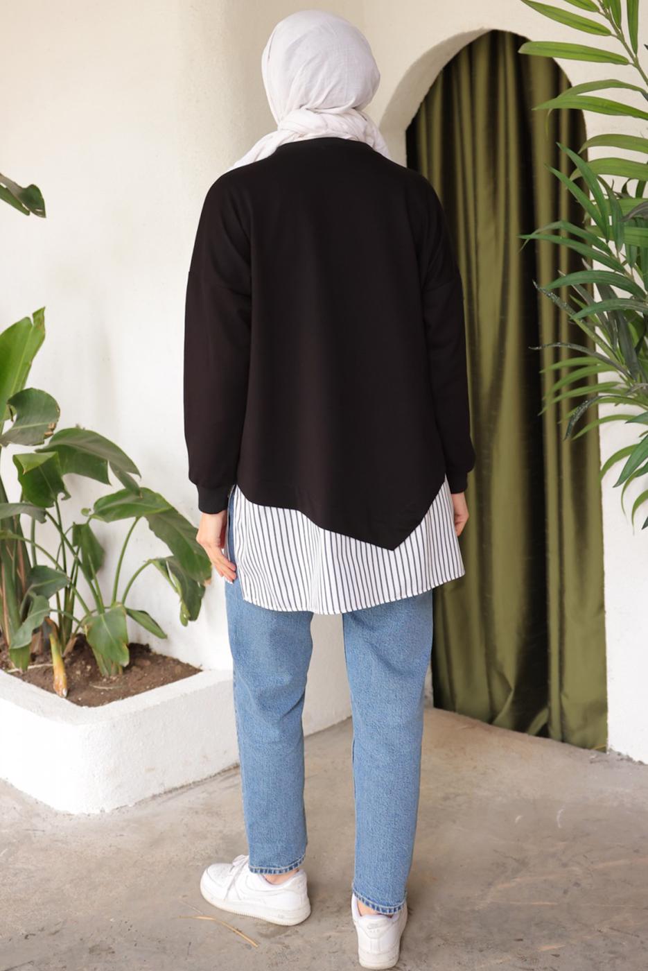 Tesettür giyim SİYAH ÇİZGİLİ TUNİK T 7114