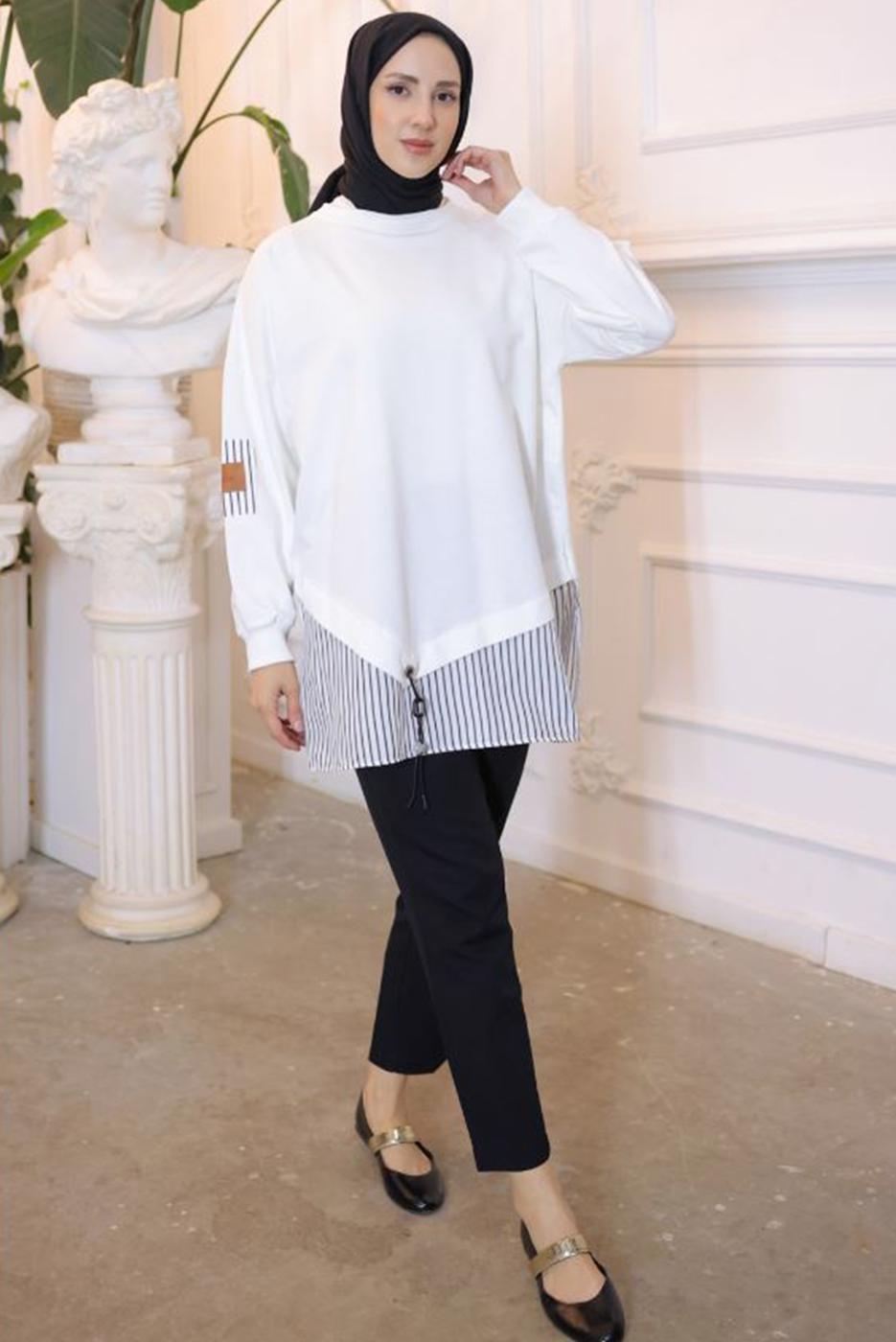 Tesettür giyim KREM ÇİZGİLİ TUNİK T 7114
