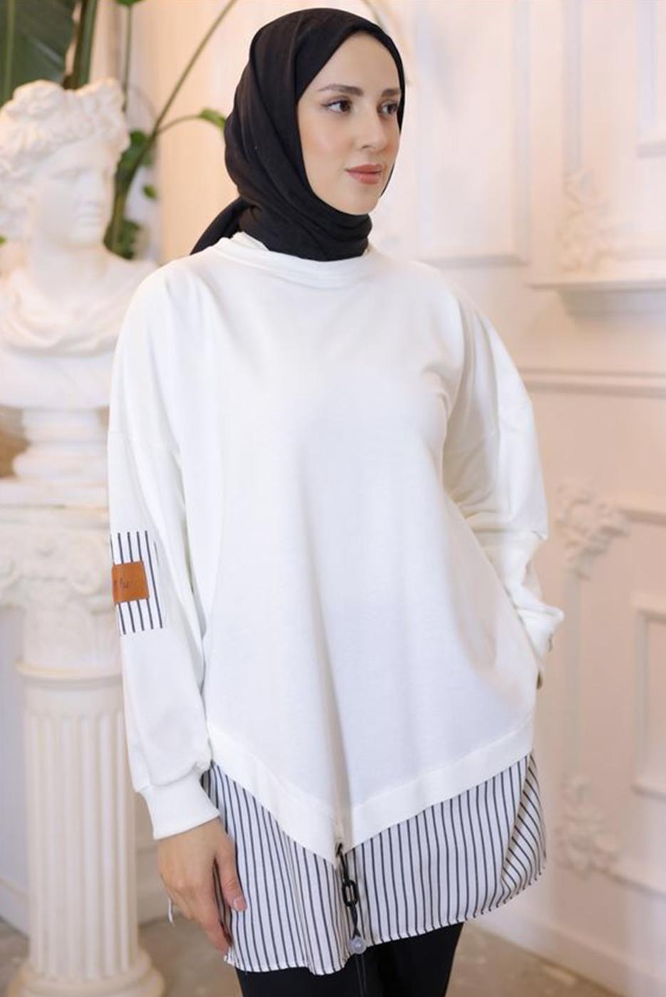 Tesettür giyim KREM ÇİZGİLİ TUNİK T 7114