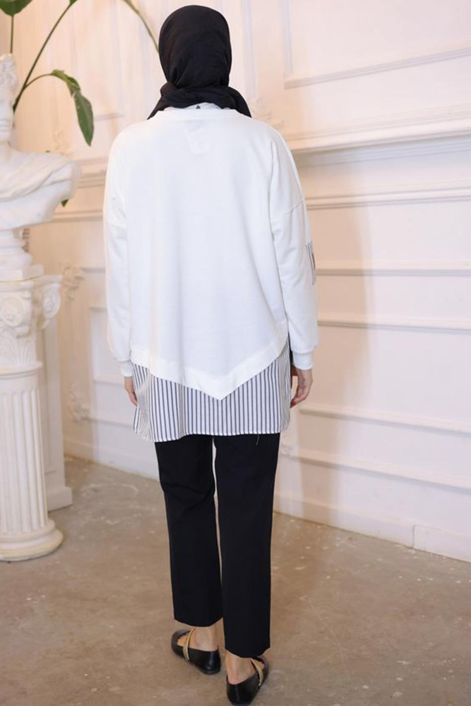 Tesettür giyim KREM ÇİZGİLİ TUNİK T 7114
