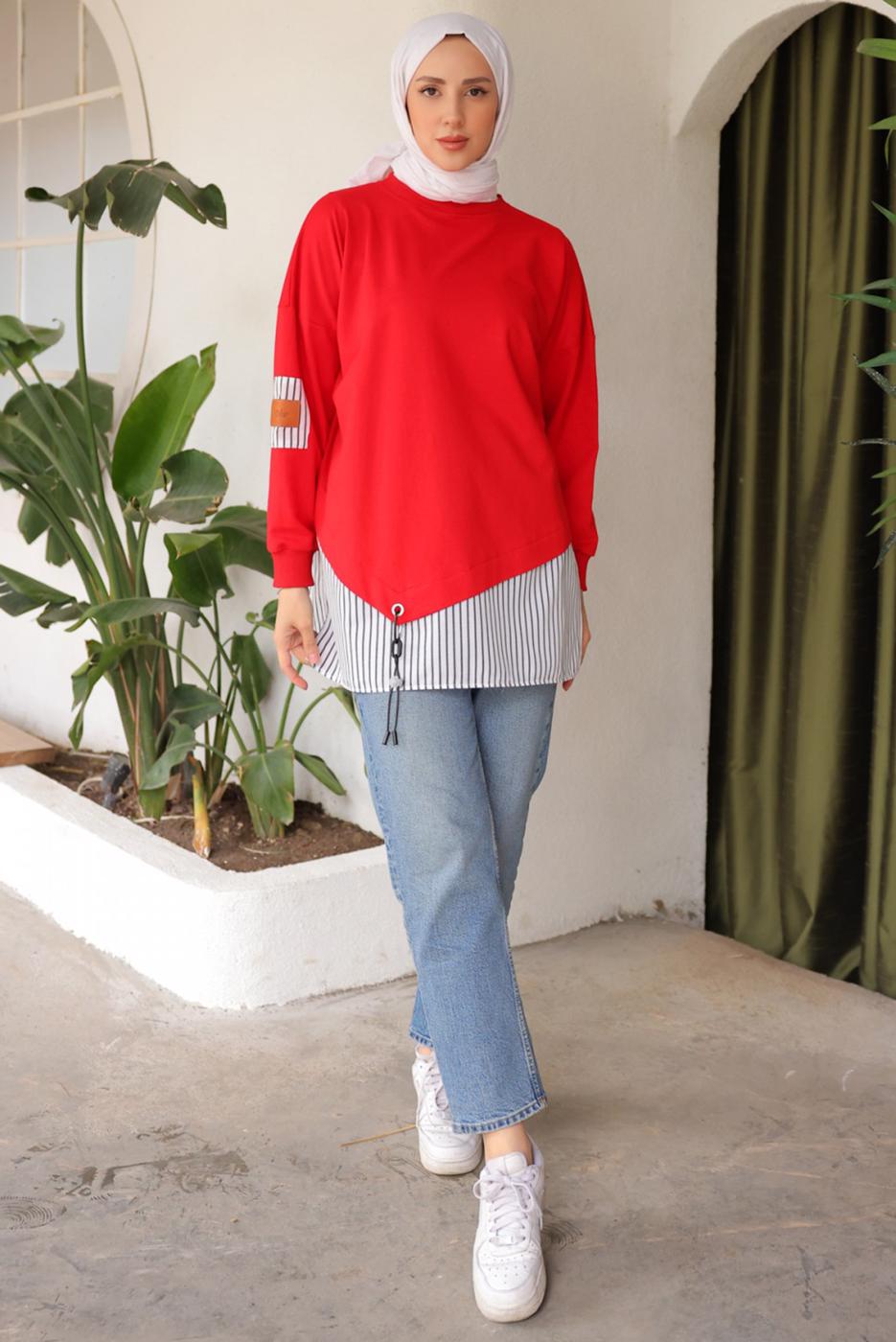 Tesettür giyim KIRMIZI ÇİZGİLİ TUNİK T 7114