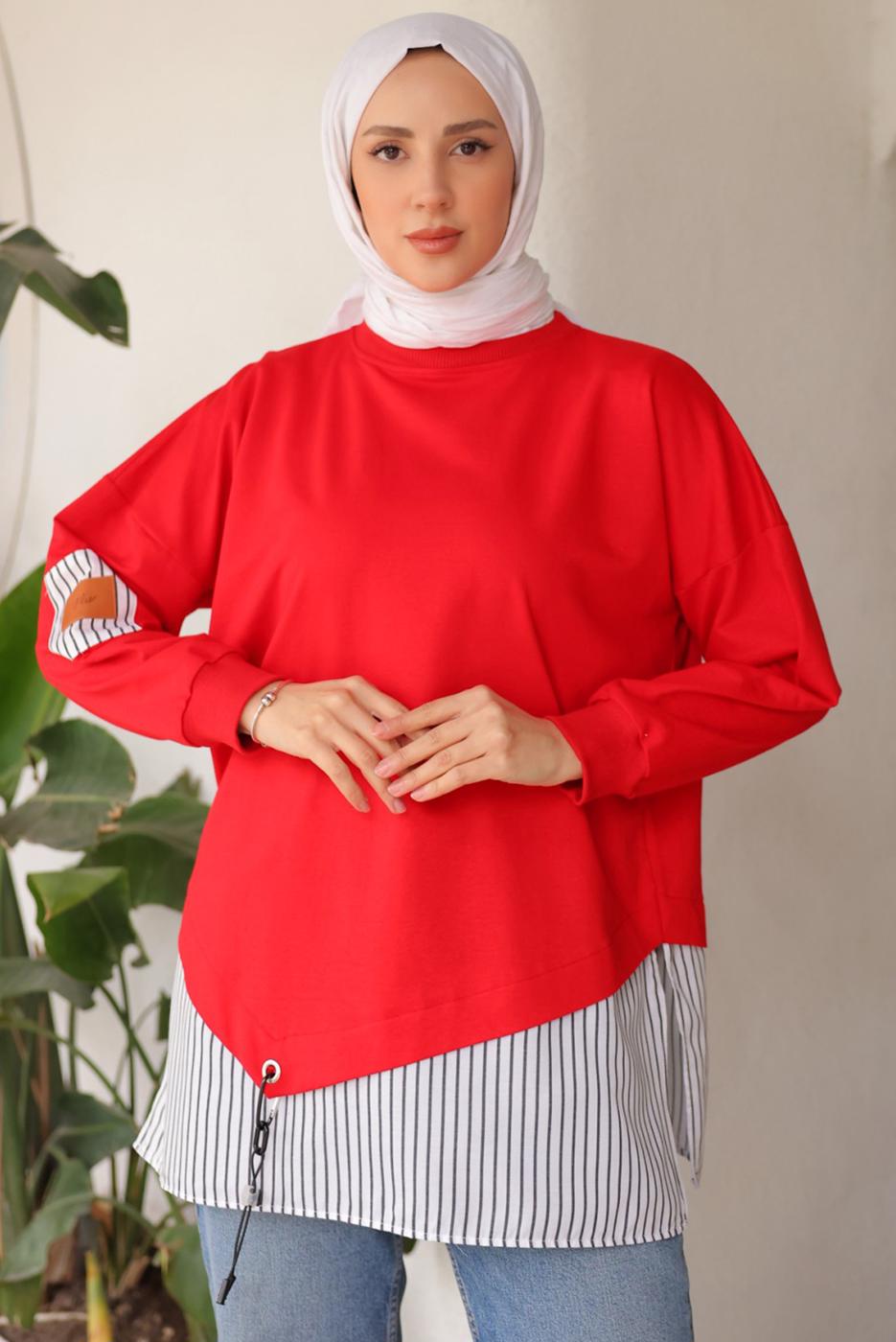 Tesettür giyim KIRMIZI ÇİZGİLİ TUNİK T 7114