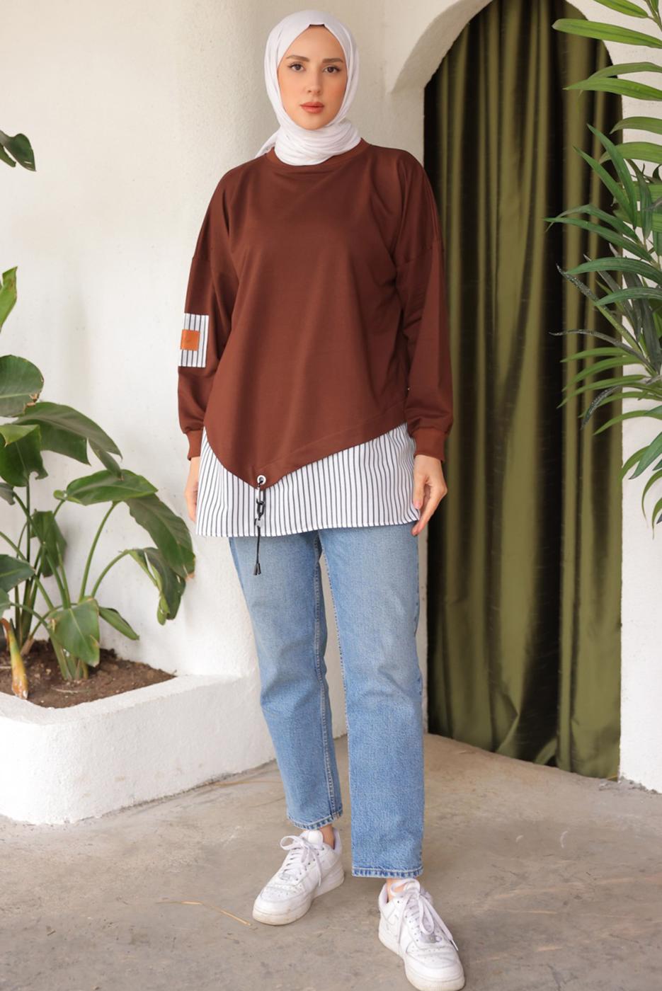 Tesettür giyim KAHVE ÇİZGİLİ TUNİK T 7114
