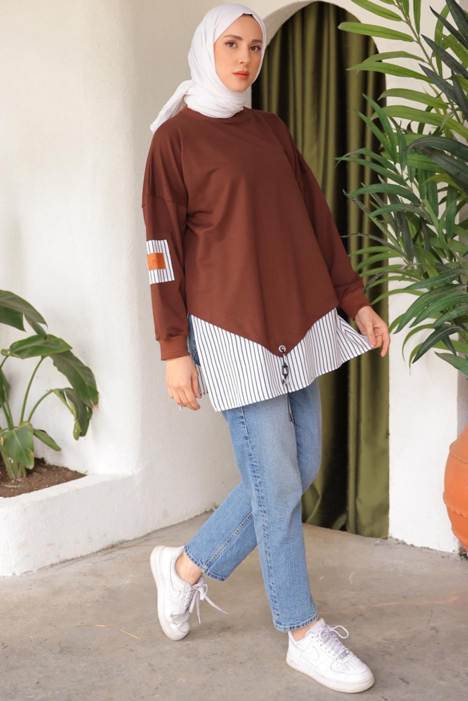 Tesettür giyim KAHVE ÇİZGİLİ TUNİK T 7114