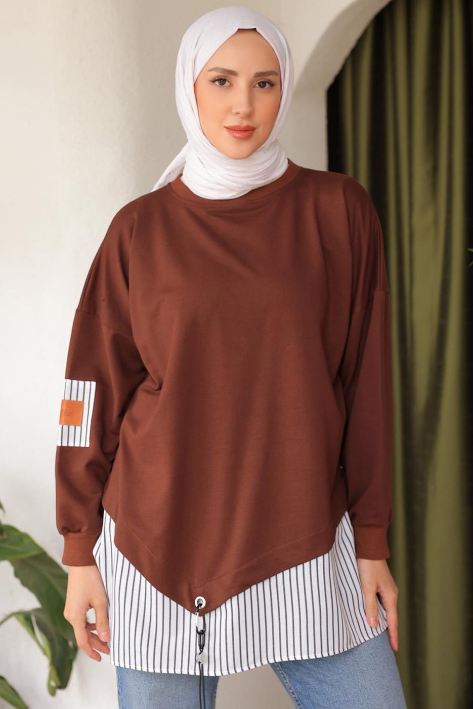 Tesettür giyim KAHVE ÇİZGİLİ TUNİK T 7114