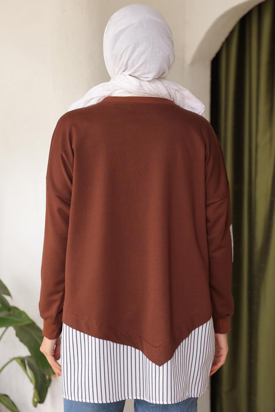 Tesettür giyim KAHVE ÇİZGİLİ TUNİK T 7114