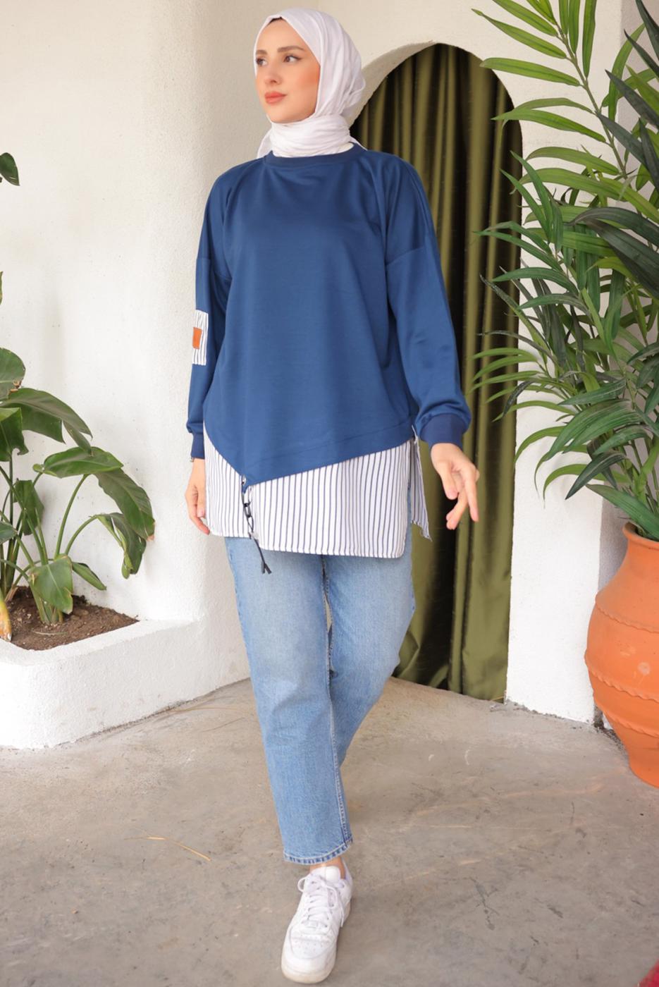 Tesettür giyim LACİVERT ÇİZGİLİ TUNİK T 7114