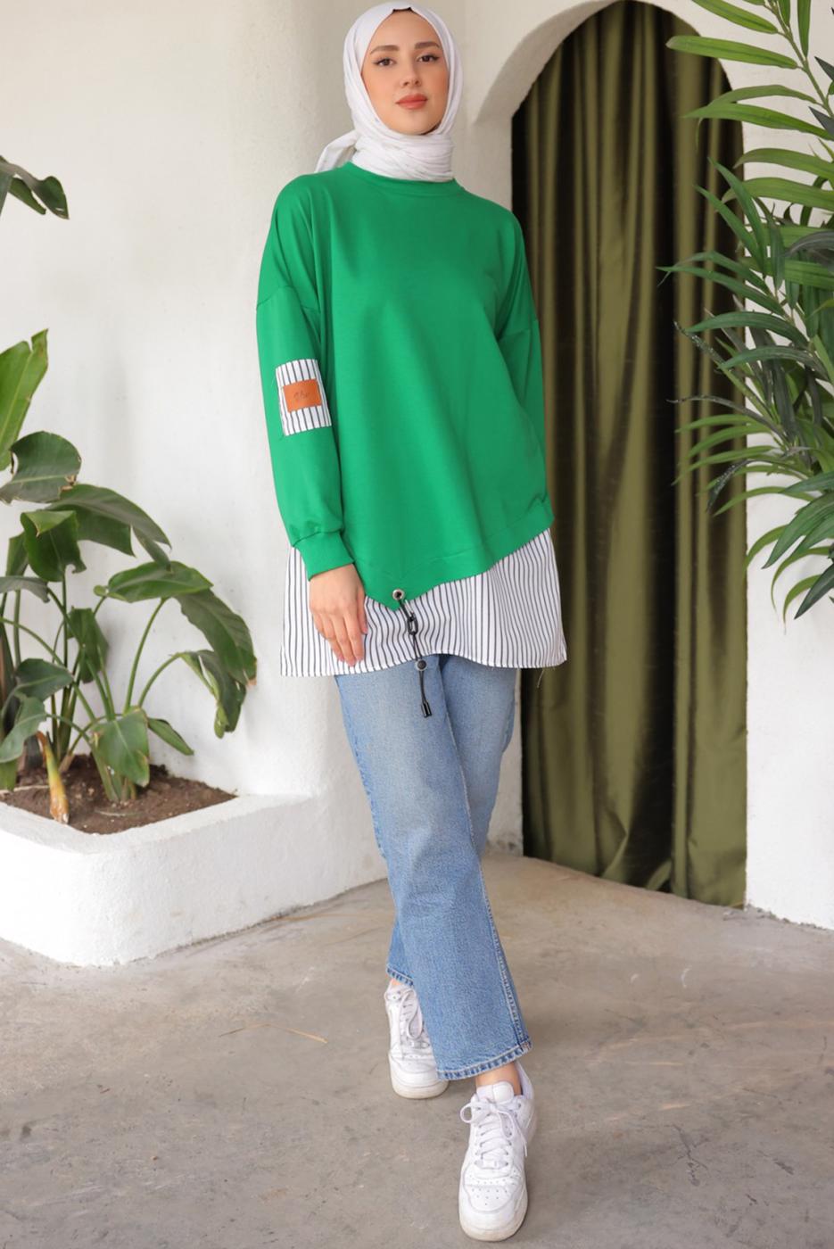 Tesettür giyim YEŞİL ÇİZGİLİ TUNİK T 7114