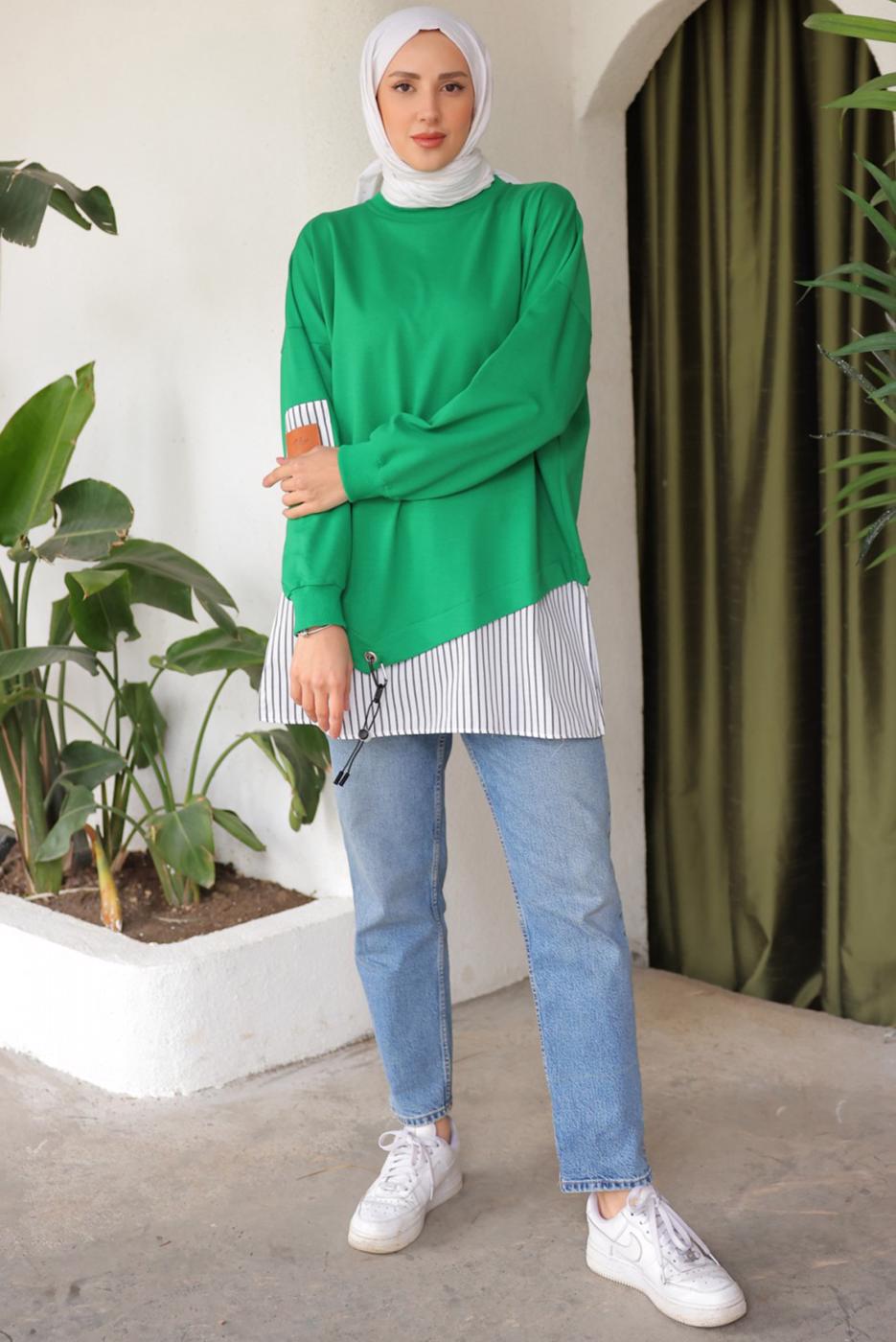 Tesettür giyim YEŞİL ÇİZGİLİ TUNİK T 7114
