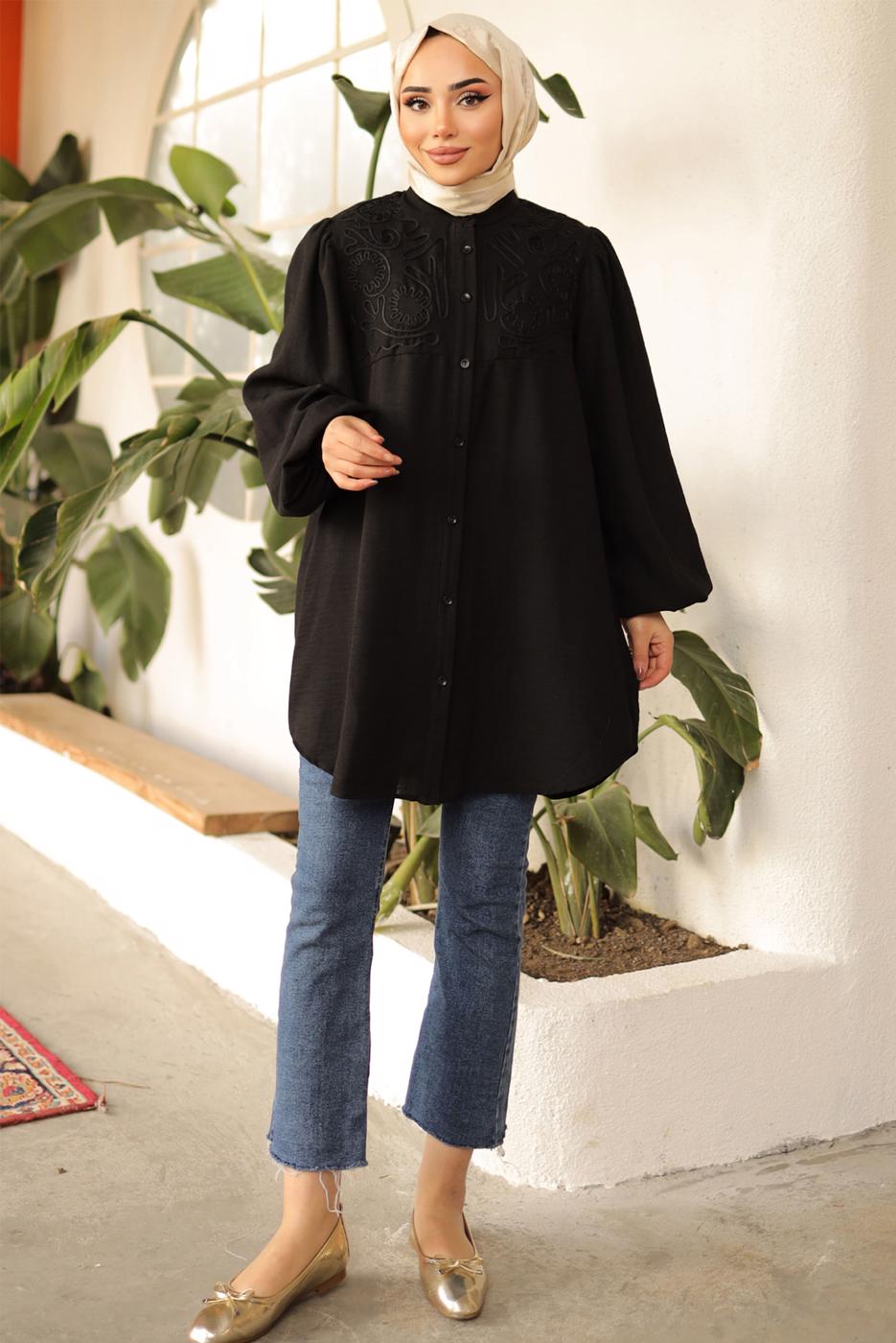 Tesettür giyim SİYAH BALON KOL GÖMLEK TUNİK T 7202