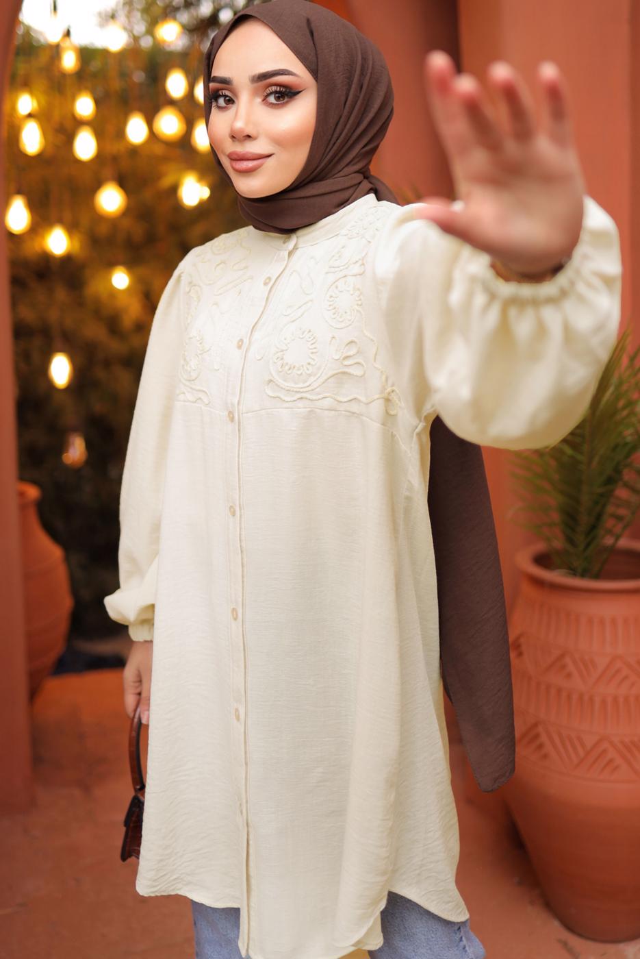 Tesettür giyim BEJ BALON KOL GÖMLEK TUNİK T 7202