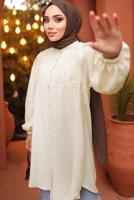 Tesettür giyim BEJ BALON KOL GÖMLEK TUNİK T 7202