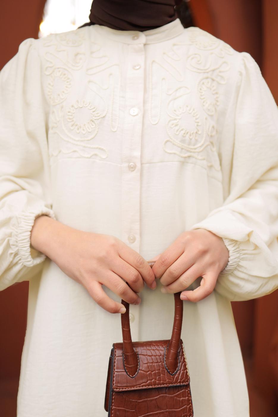 Tesettür giyim BEJ BALON KOL GÖMLEK TUNİK T 7202