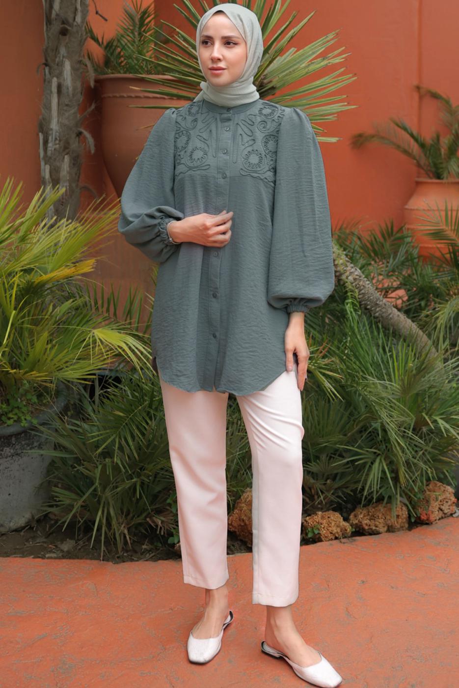Tesettür giyim GRİ BALON KOL GÖMLEK TUNİK T 7202