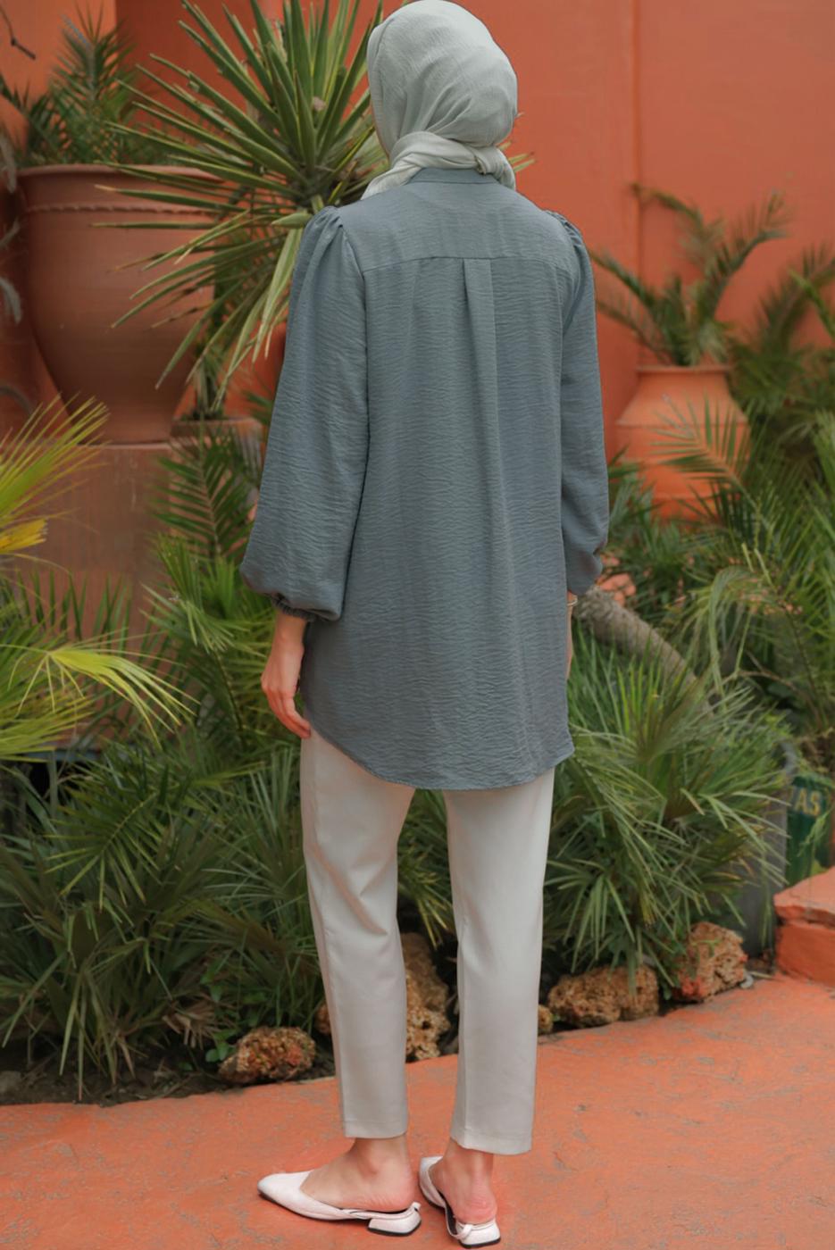 Tesettür giyim GRİ BALON KOL GÖMLEK TUNİK T 7202