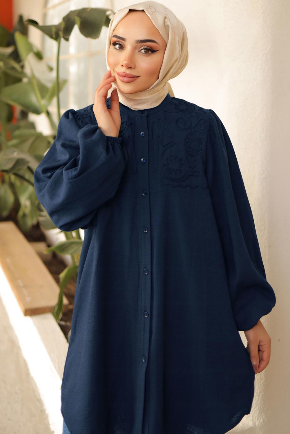 Tesettür giyim LACİVERT BALON KOL GÖMLEK TUNİK T 7202