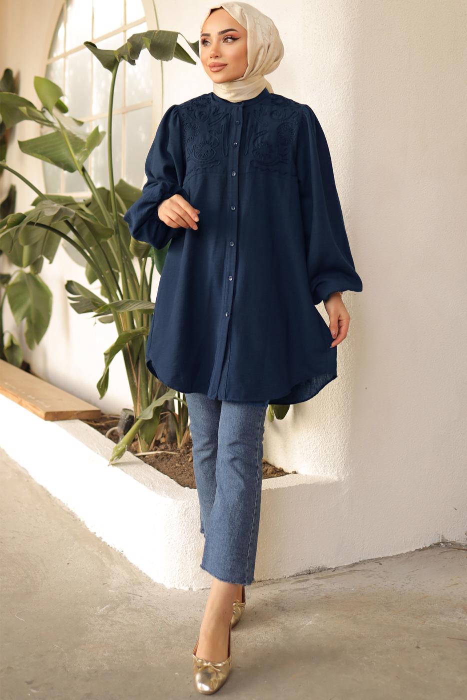 Tesettür giyim LACİVERT BALON KOL GÖMLEK TUNİK T 7202