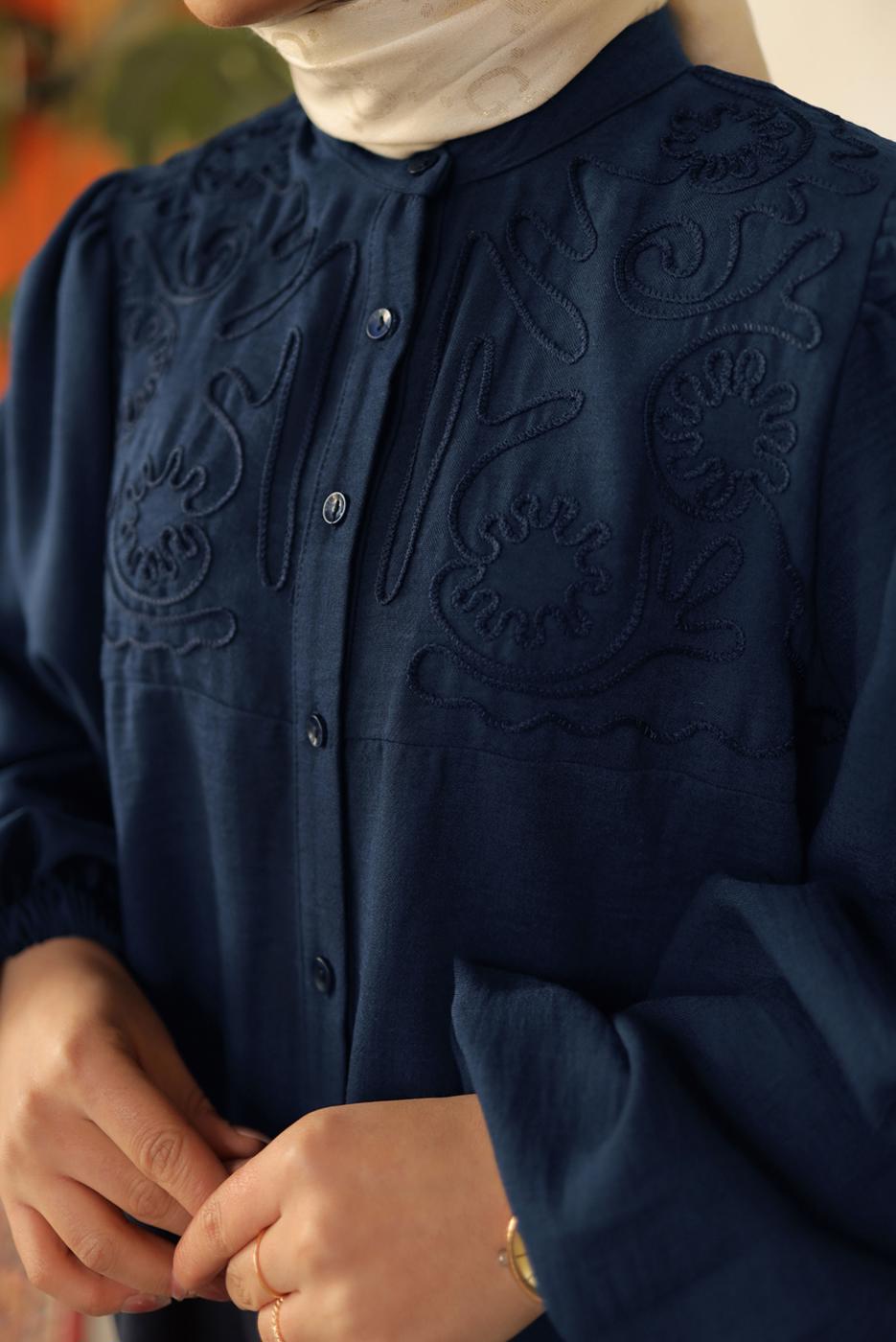 Tesettür giyim LACİVERT BALON KOL GÖMLEK TUNİK T 7202