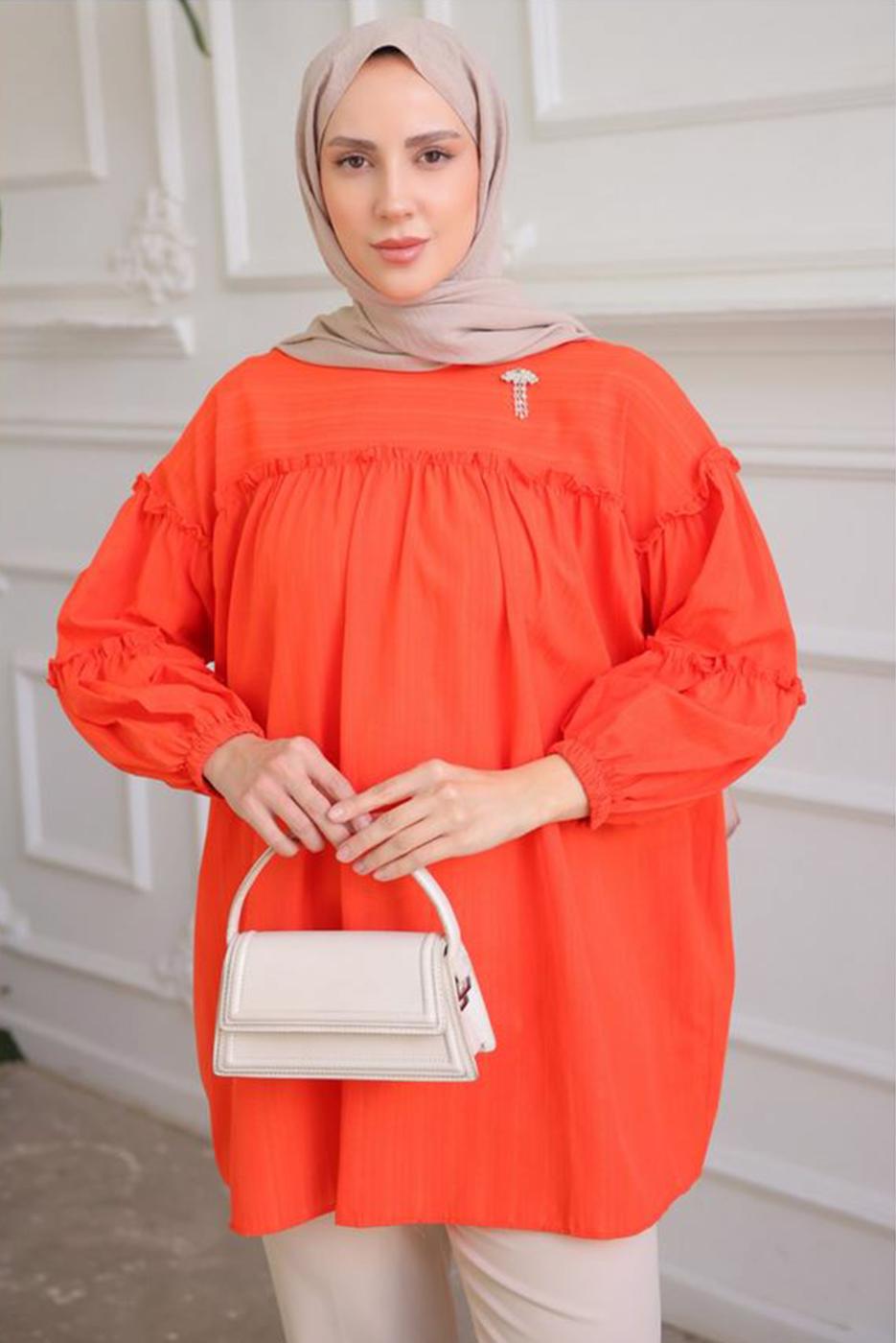 Tesettür giyim TURUNCU BROŞ DETAYLI TUNİK T 74616