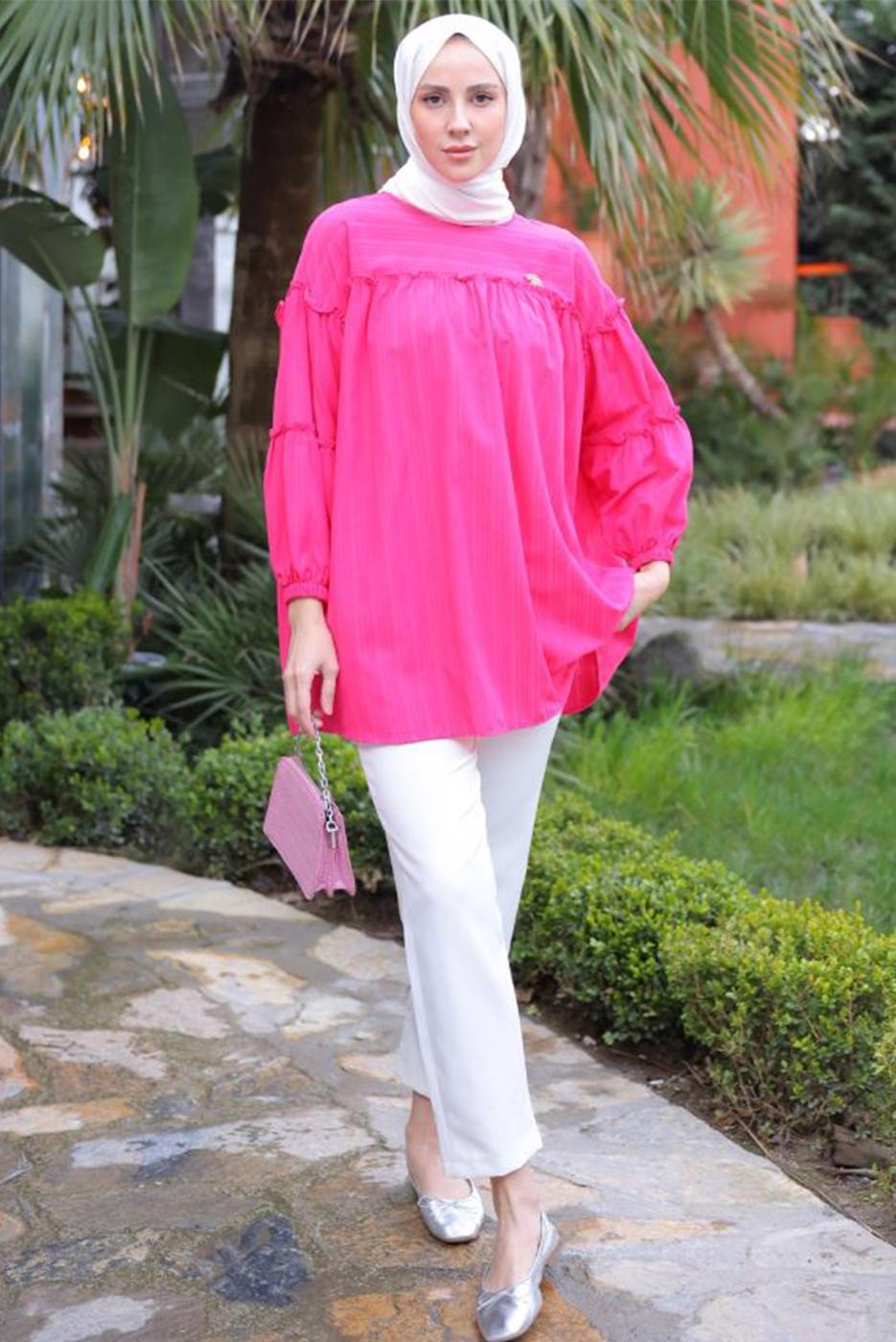 Tesettür giyim FUŞYA BROŞ DETAYLI TUNİK T 74616