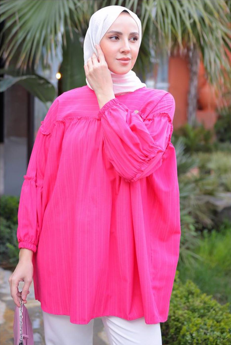 Tesettür giyim FUŞYA BROŞ DETAYLI TUNİK T 74616
