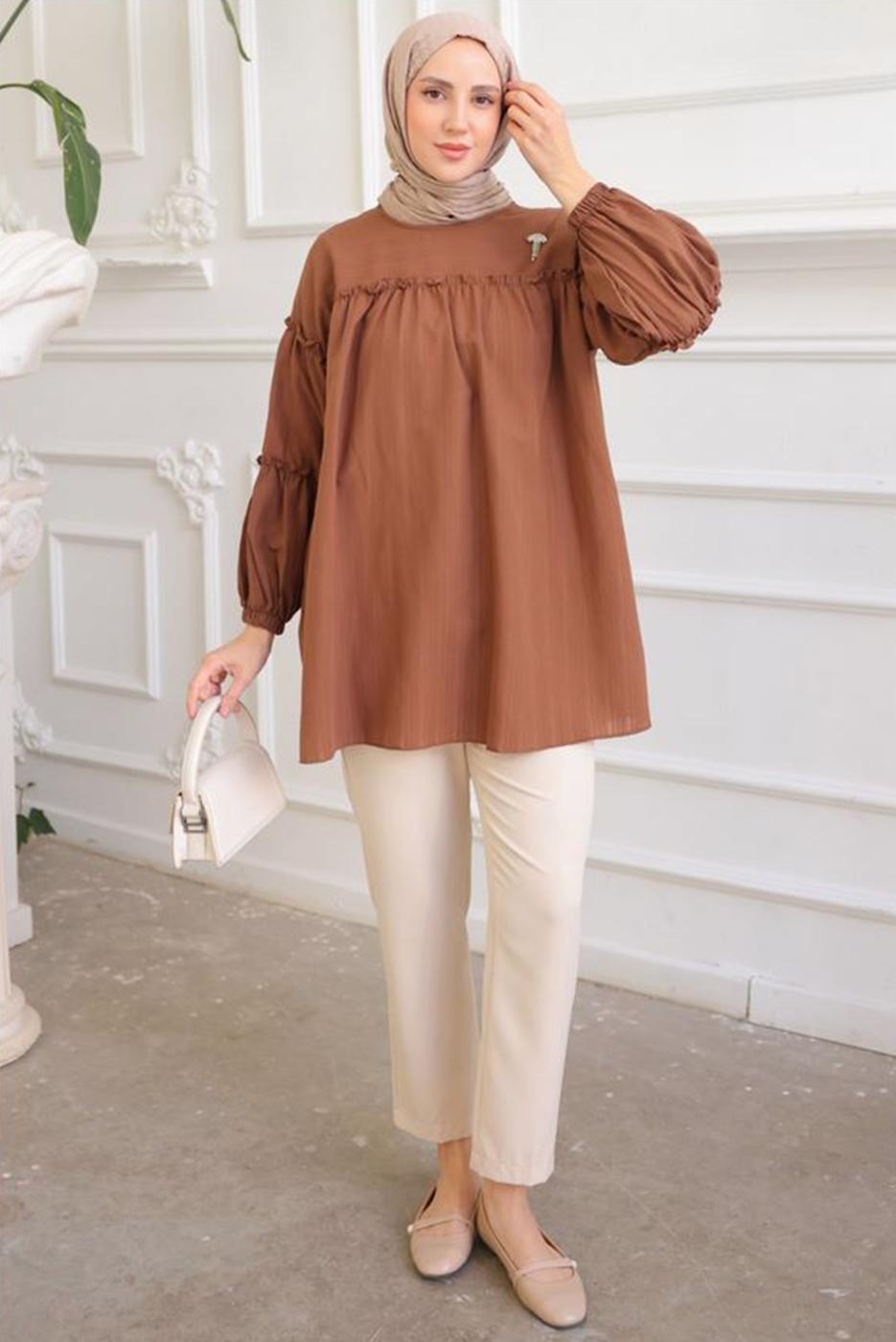 Tesettür giyim KAHVE BROŞ DETAYLI TUNİK T 74616