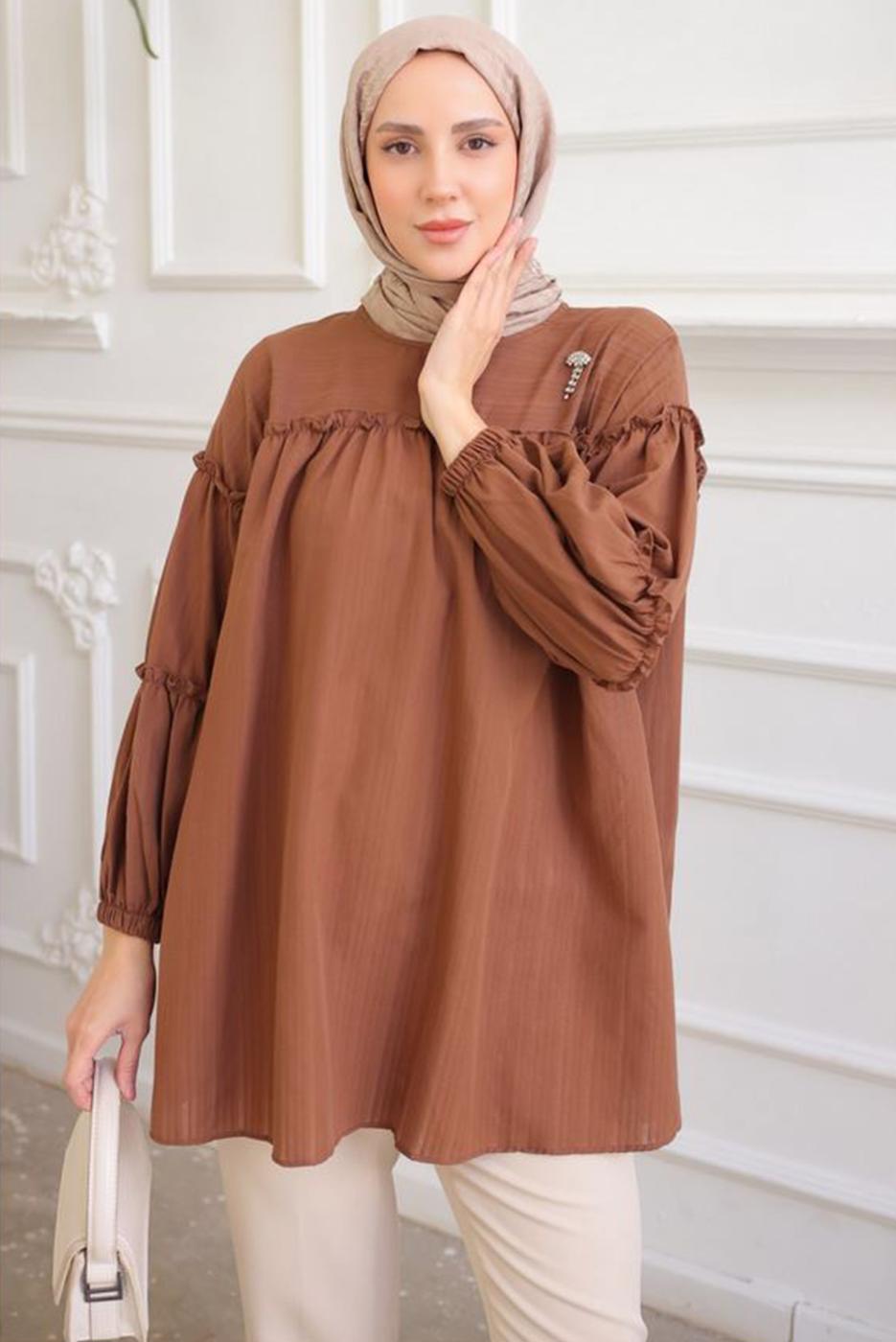 Tesettür giyim KAHVE BROŞ DETAYLI TUNİK T 74616