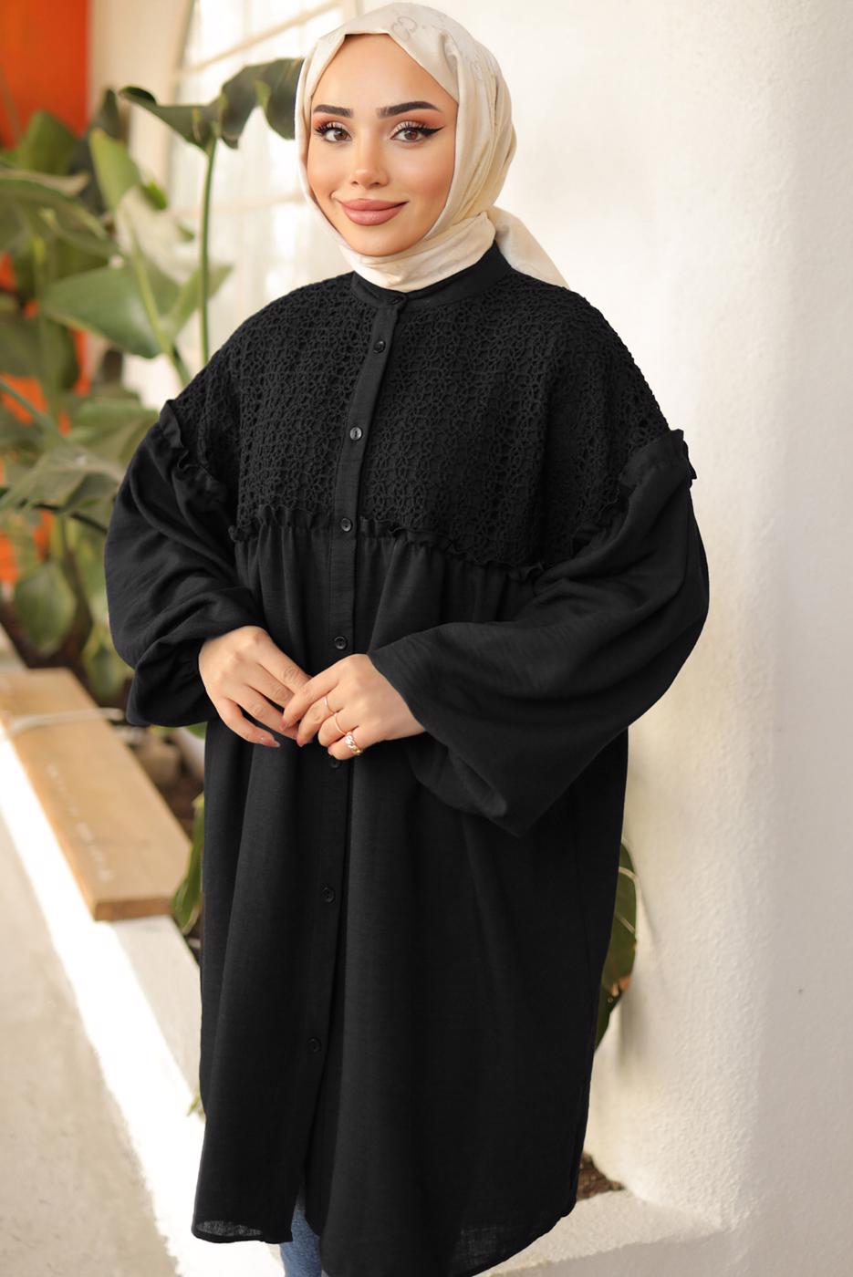 Tesettür giyim SİYAH BALON KOL GÖMLEK TUNİK T 8202
