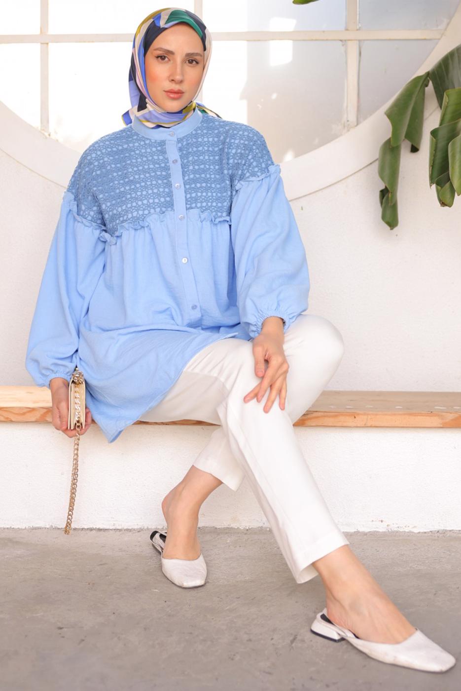 Tesettür giyim MAVİ BALON KOL GÖMLEK TUNİK T 8202