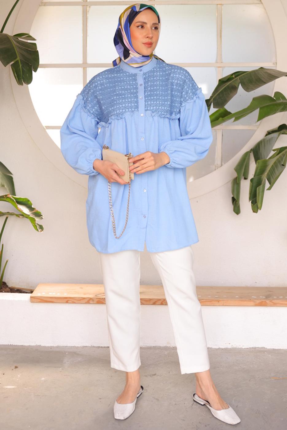 Tesettür giyim MAVİ BALON KOL GÖMLEK TUNİK T 8202