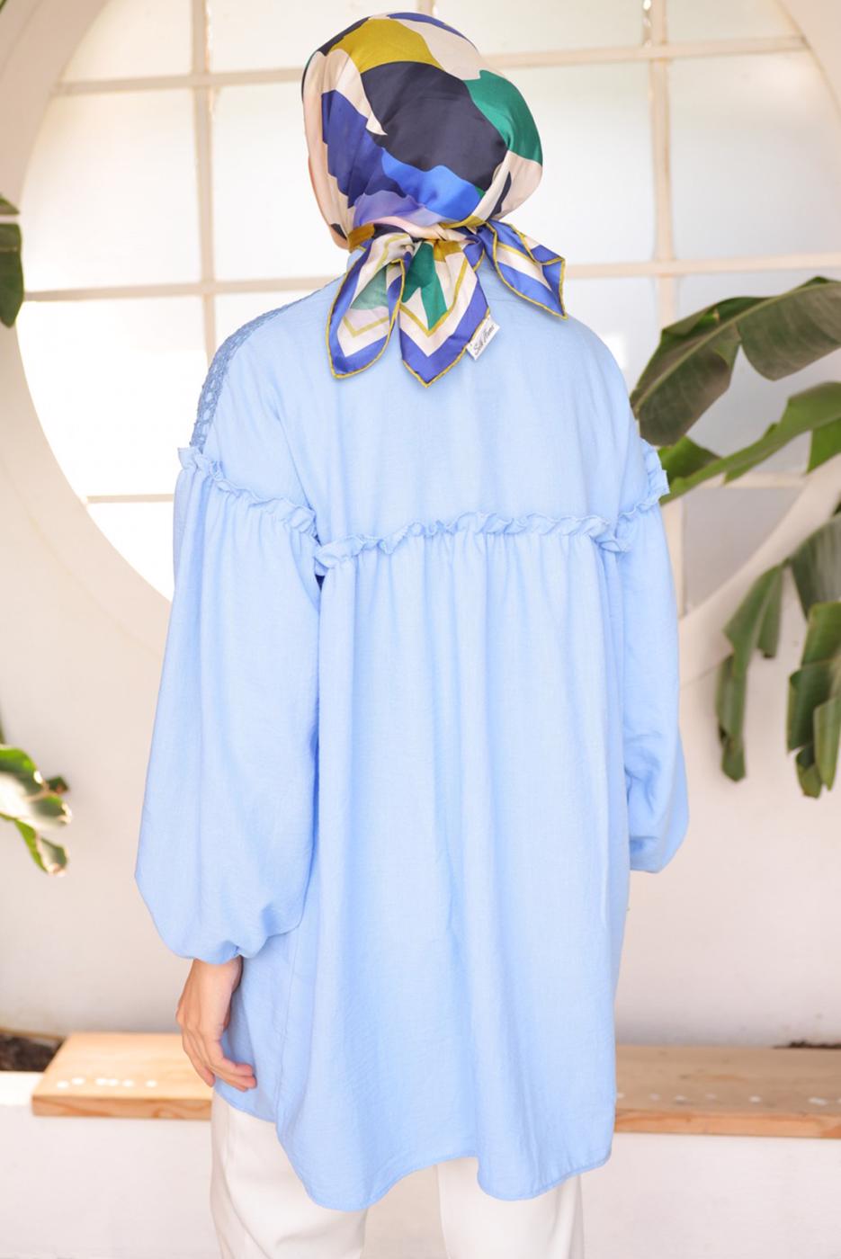 Tesettür giyim MAVİ BALON KOL GÖMLEK TUNİK T 8202