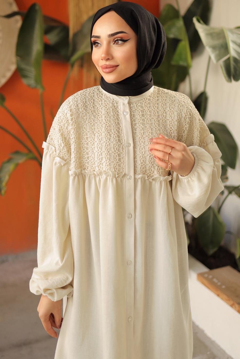 Tesettür giyim BEJ BALON KOL GÖMLEK TUNİK T 8202