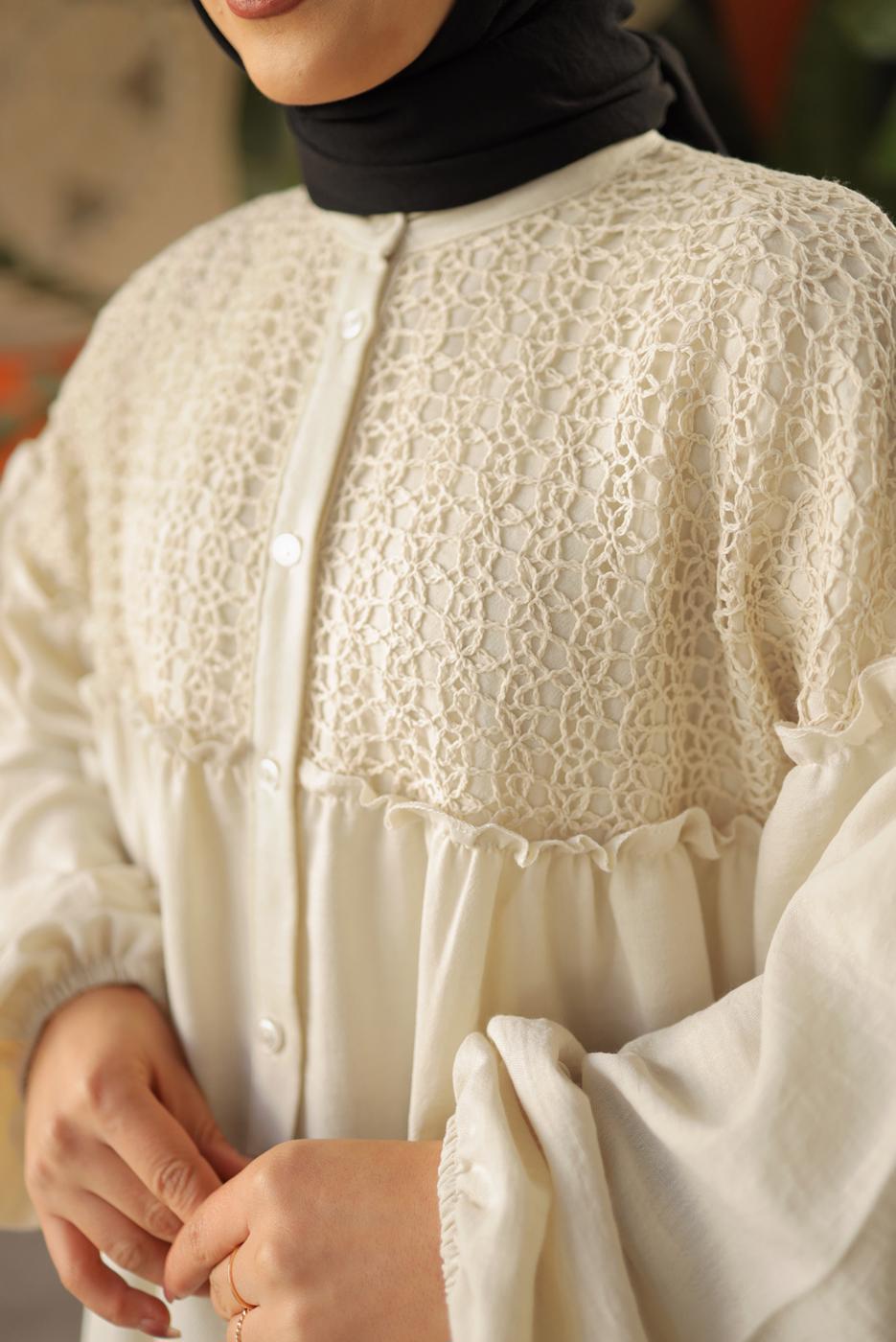 Tesettür giyim BEJ BALON KOL GÖMLEK TUNİK T 8202