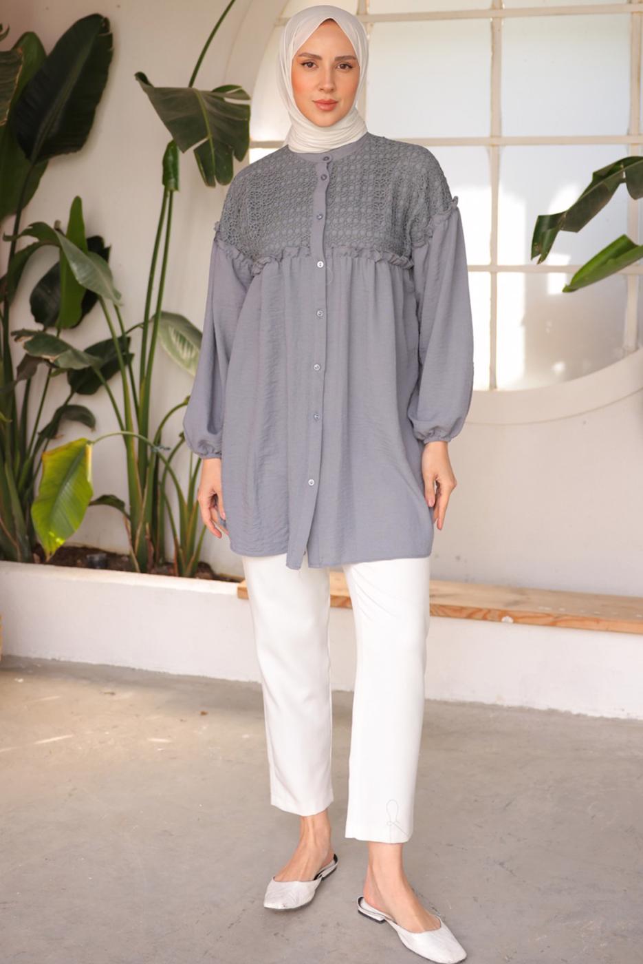 Tesettür giyim GRİ BALON KOL GÖMLEK TUNİK T 8202
