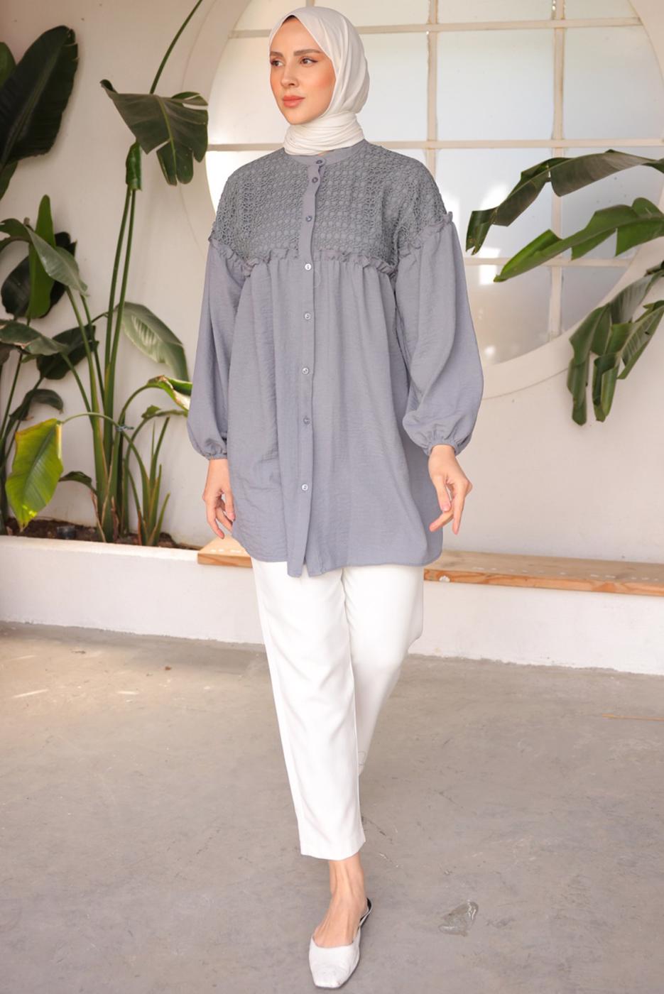 Tesettür giyim GRİ BALON KOL GÖMLEK TUNİK T 8202